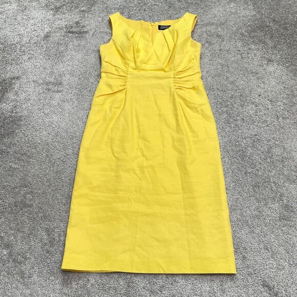 Adrianna Papell Linen Blend Ruched Sheath Midi Dress Womens Petite 2 Yellow Work - Picture 1 of 16